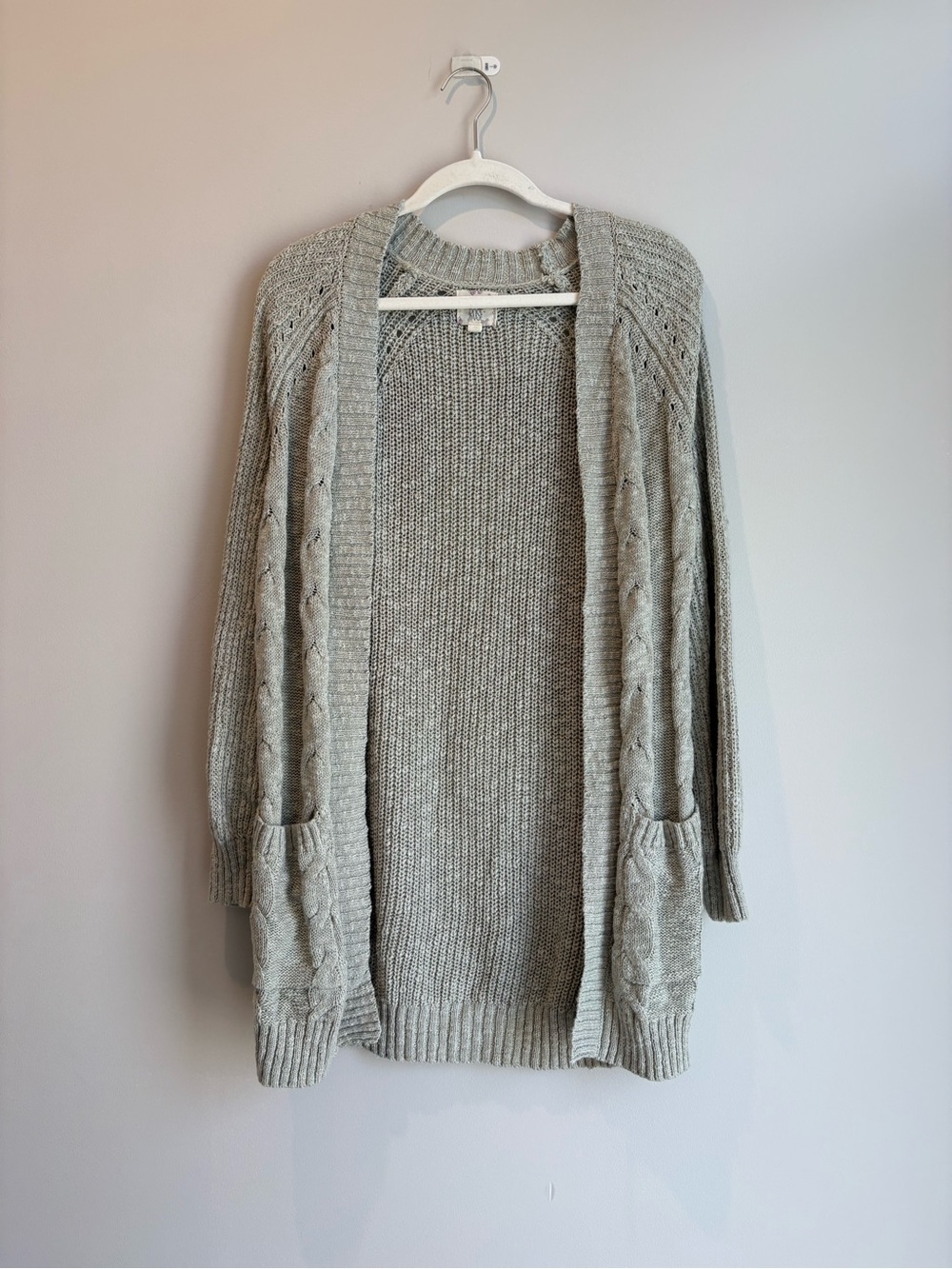 Hippie Rose Light Gray Open-Front Cable Knit Cardigan